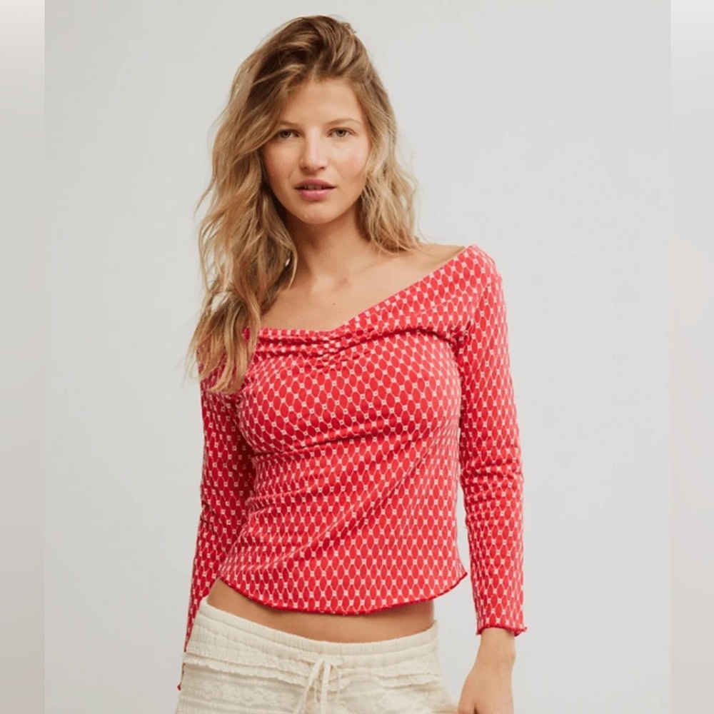 Free People Gia Eyelet Top- Red Combo